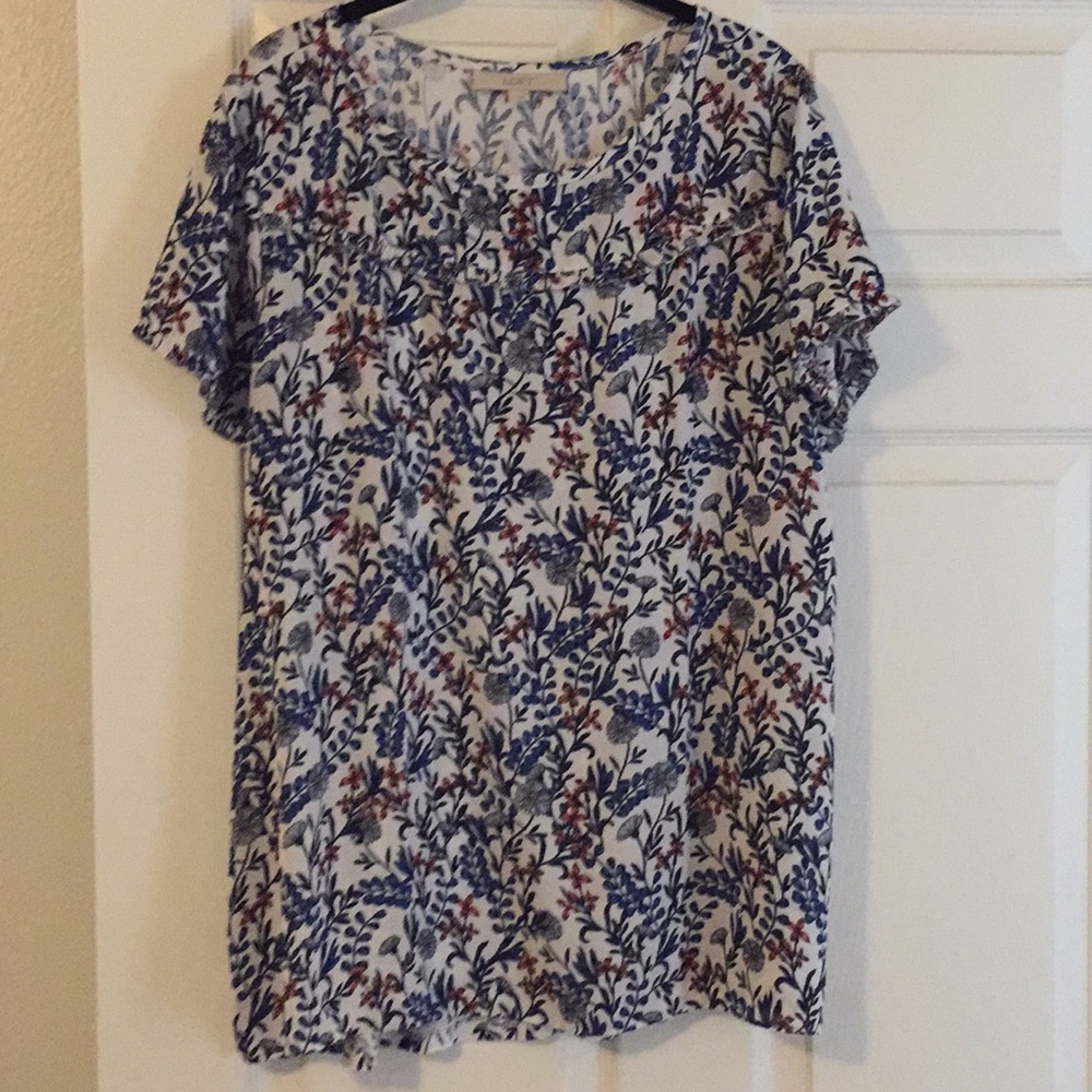 LOFT Floral mixed media top with ruffle details